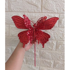 ENFEITE BN383 DE BORBOLETA VERMELHA C/GLITER A29CM